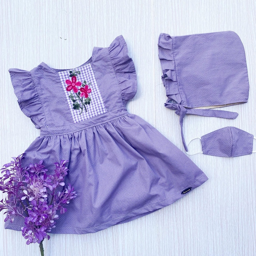 Vintage Purple Floral Embroidered Kids Casual Dress